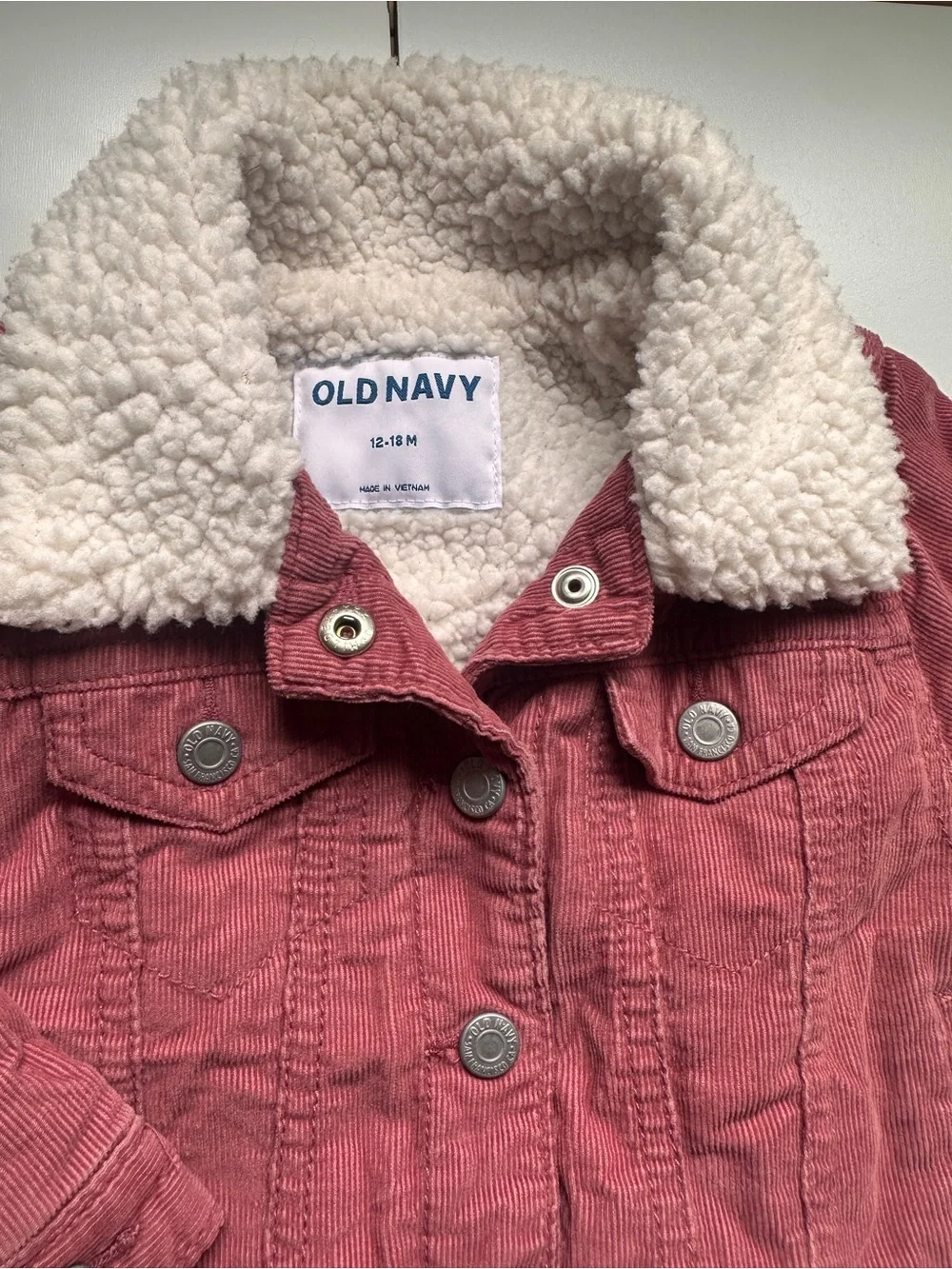 Old Navy Sherpa Lined Rose Mauve Pink Corduroy Trucker Jacket Snaps 12-18m